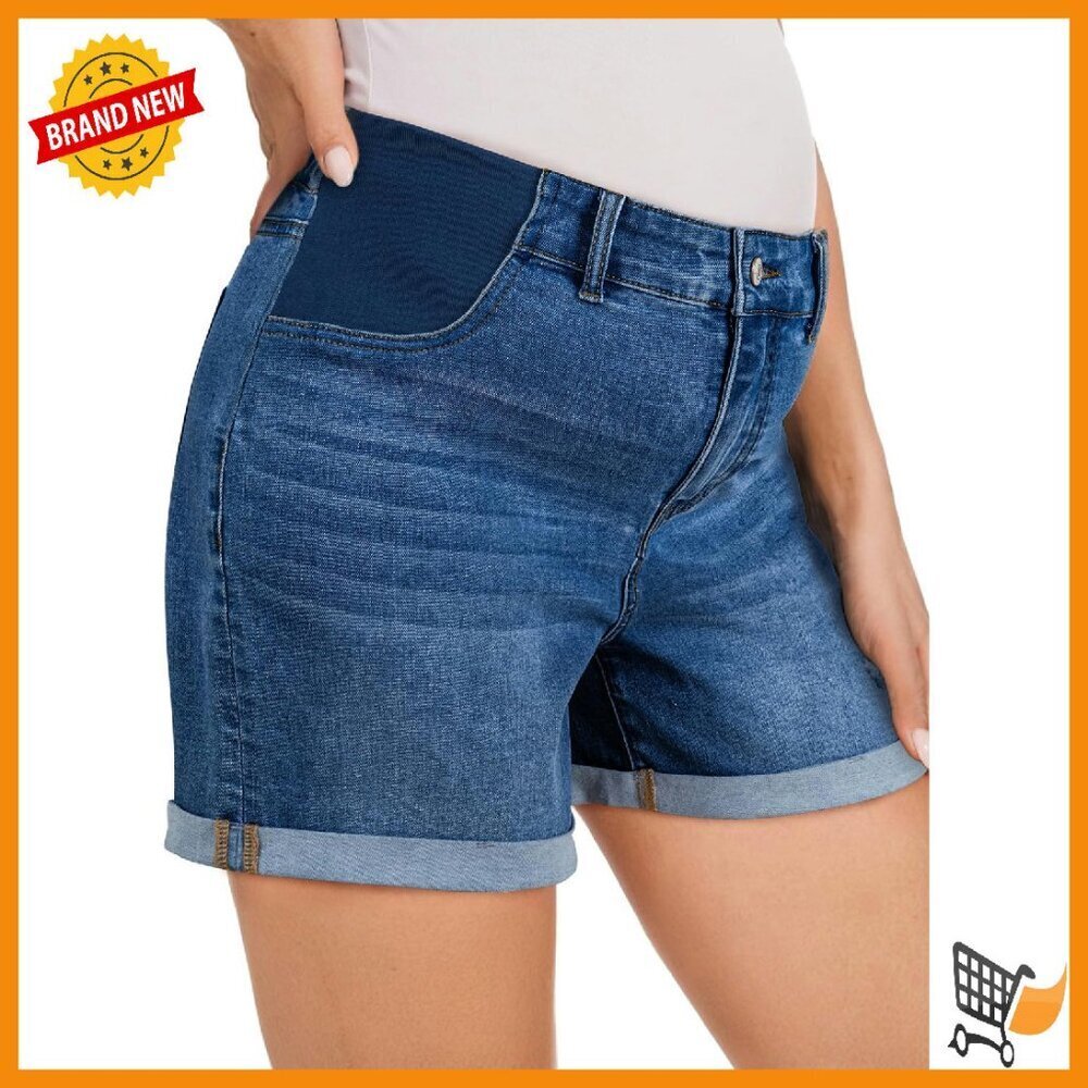 Maternity Jean Shorts Under Belly Ripped Denim Stretchy Fold Hem